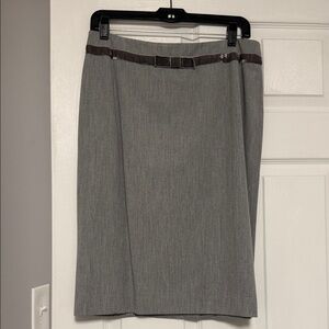 Classic Gray Pencil Skirt with Brown Trim